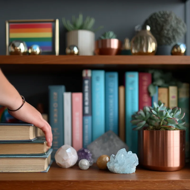 Books, plants, crystals, and a small rainbow flag on a bookshelf