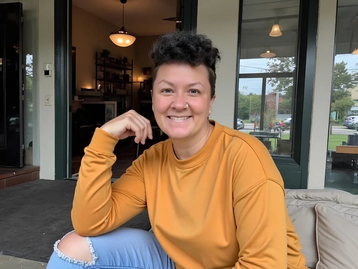 Erica smiling in a mustard-colored sweatshirt outside a café