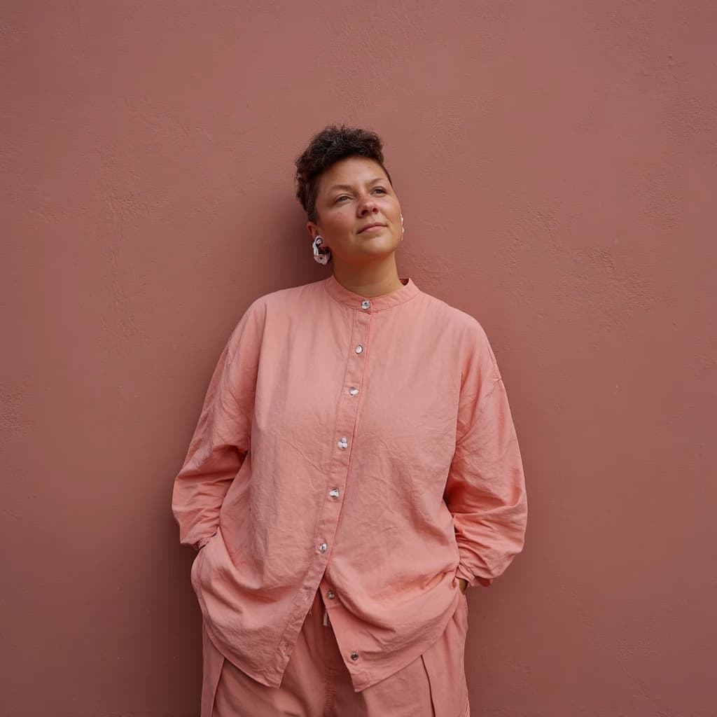 Dr. Erica Aten in a rose-colored shirt, standing against a rose wall