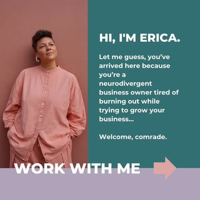 Erica’s introduction to neurodivergent business owners, with her portrait and a welcome